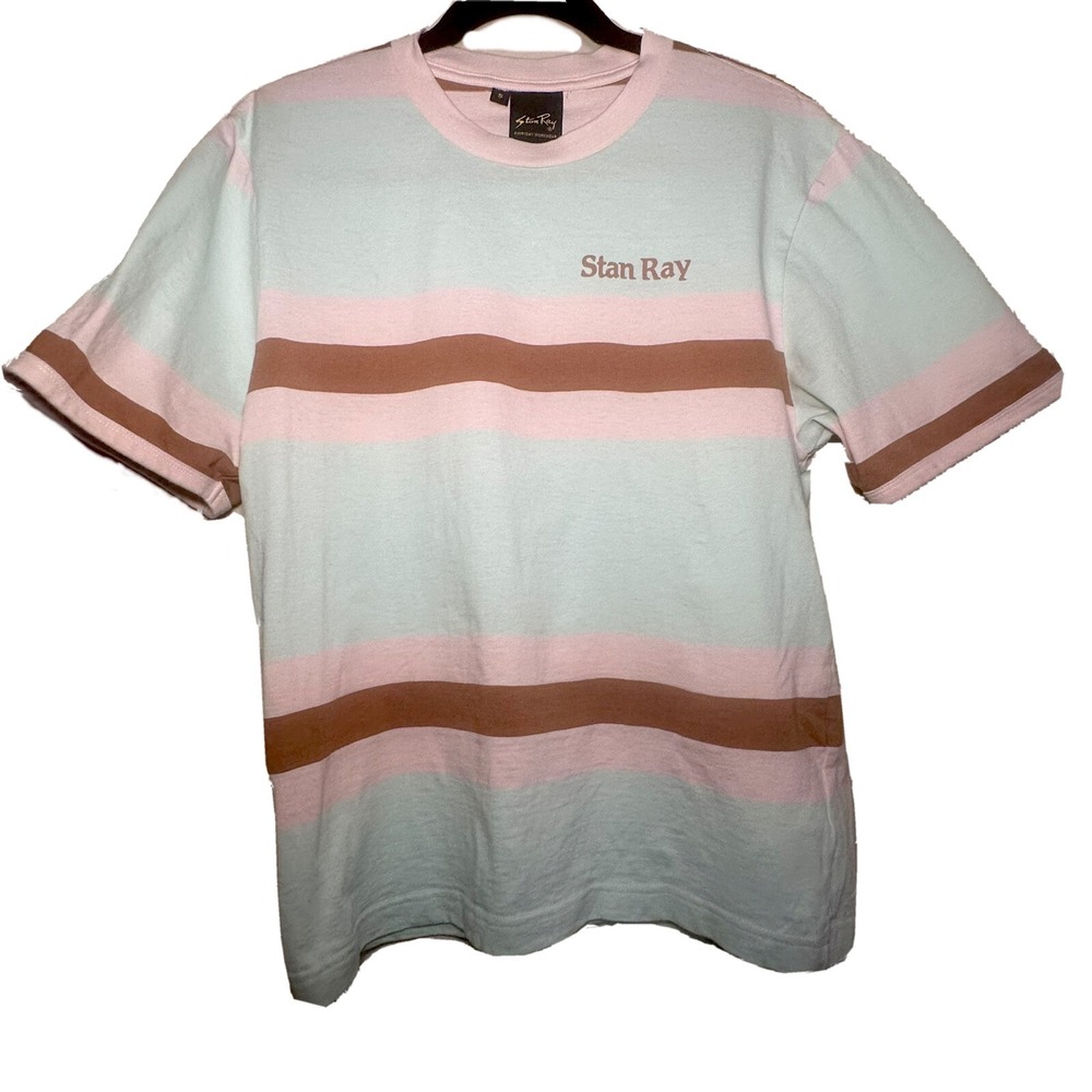 Stan Ray Striped Ringer Tee Shirt Multicolor Aqua Pink‎ Men's Small 100% Cotton